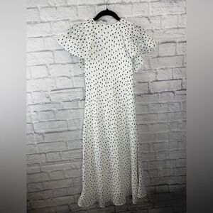 DKNY White & Navy Polka Dot Flutter‎ Sleeve Midi Dress Size 2 NWT